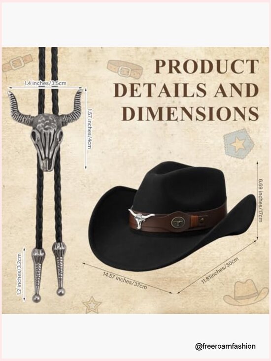 Western Cowboy Hat with Bolo Tie Felt Shapeable Wide Brim Unisex main image 6